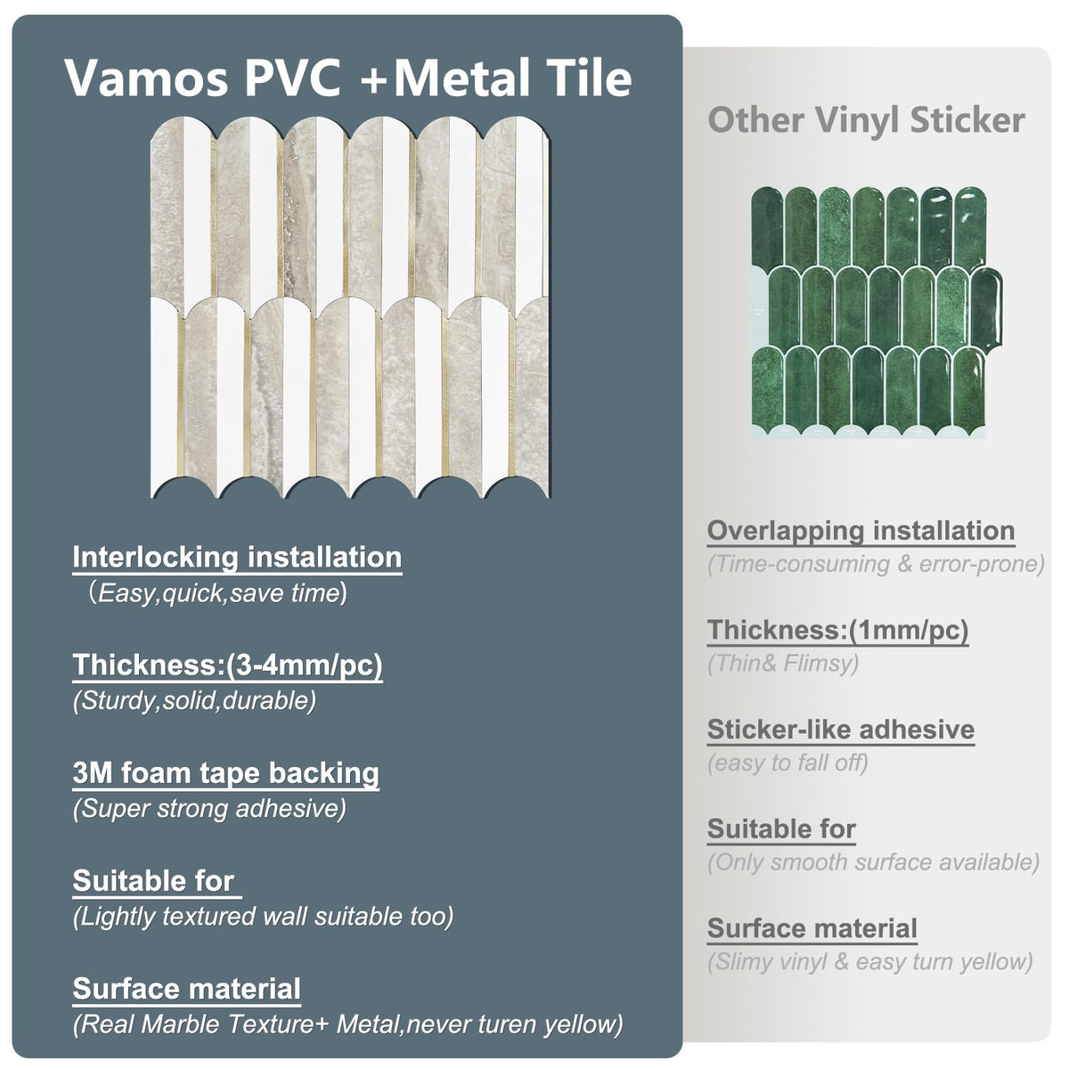 Vamos PVC adhesive tiles; durable, easy peel-and-stick installation.