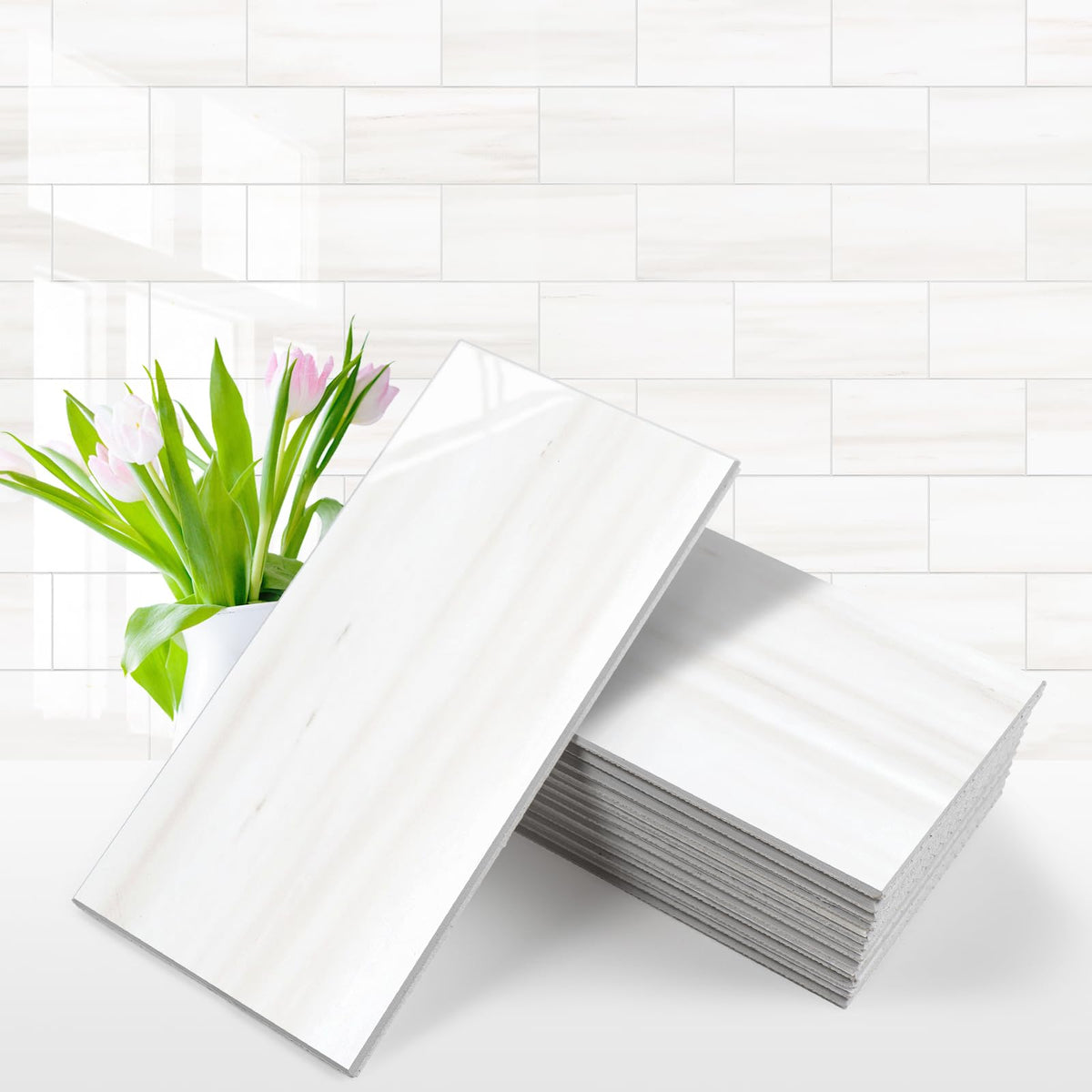 Vamos Tile glossy dolomite white pack shot; easy peel-and-stick setup.
