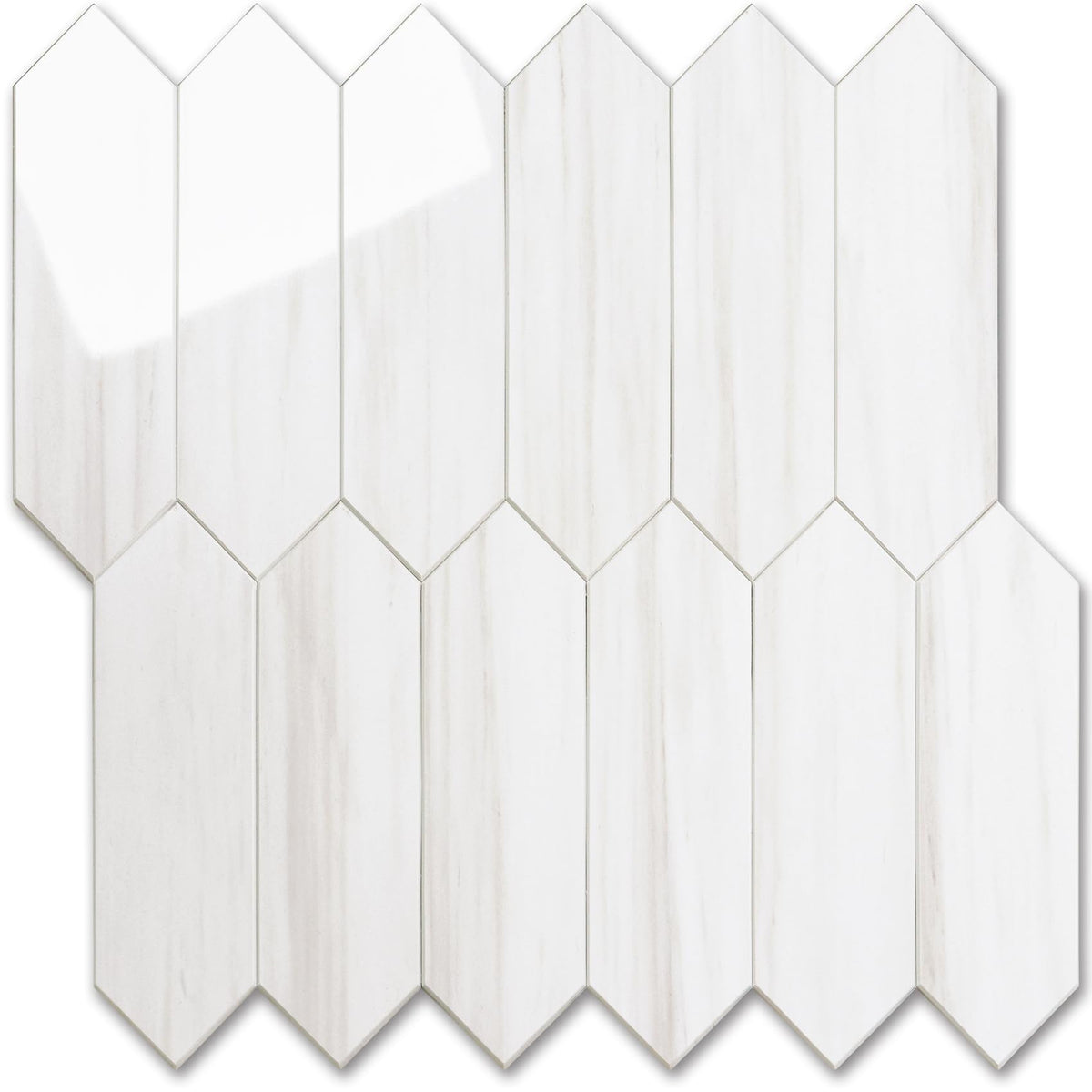 Vamos Tile glossy dolomite white hexagon sheets show premium backsplash finish.
