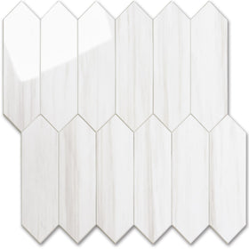 Vamos Tile glossy dolomite white hexagon sheets show premium backsplash finish.