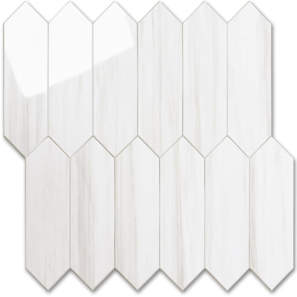 Vamos Tile glossy dolomite white hexagon sheets show premium backsplash finish.