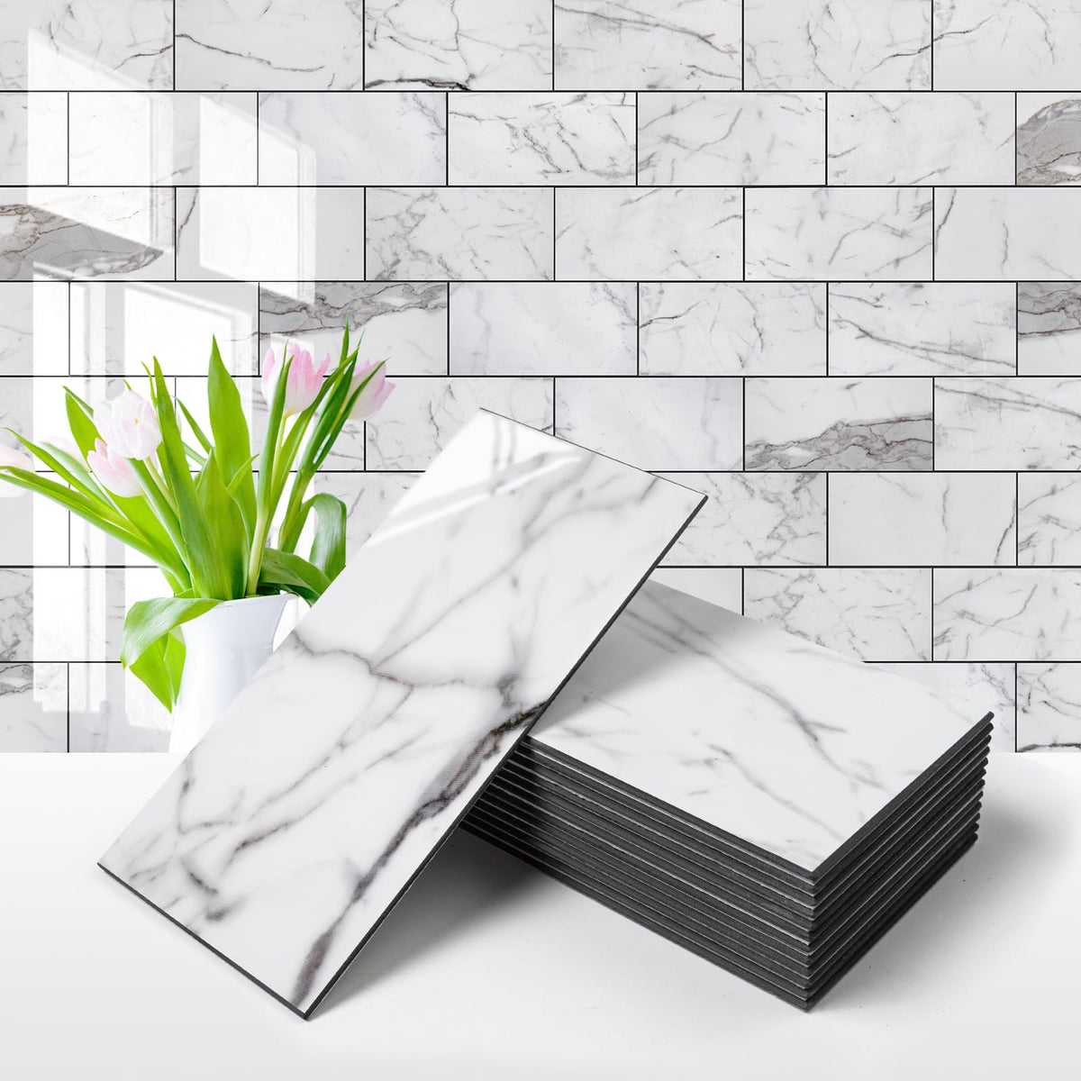 Vamos Tile glossy statury white 3x6 front view for a durable, easy-clean kitchen backsplash.