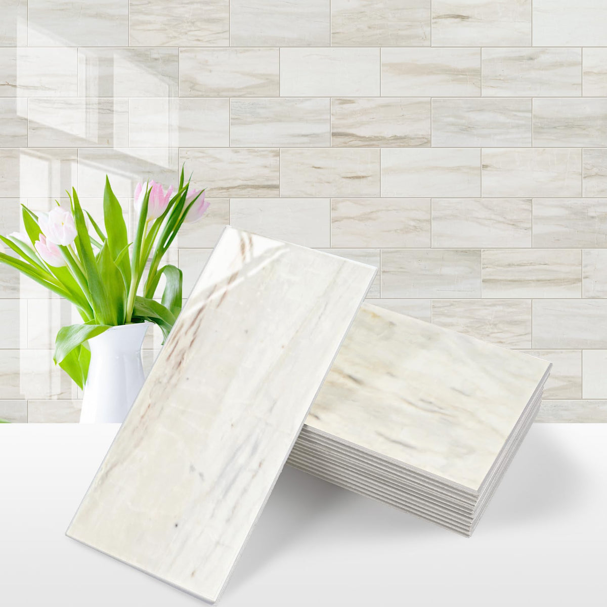 Vamos Tile glossy wood marble grain adds a premium kitchen backsplash.