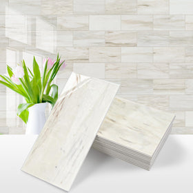 Vamos Tile glossy wood marble grain adds a premium kitchen backsplash.