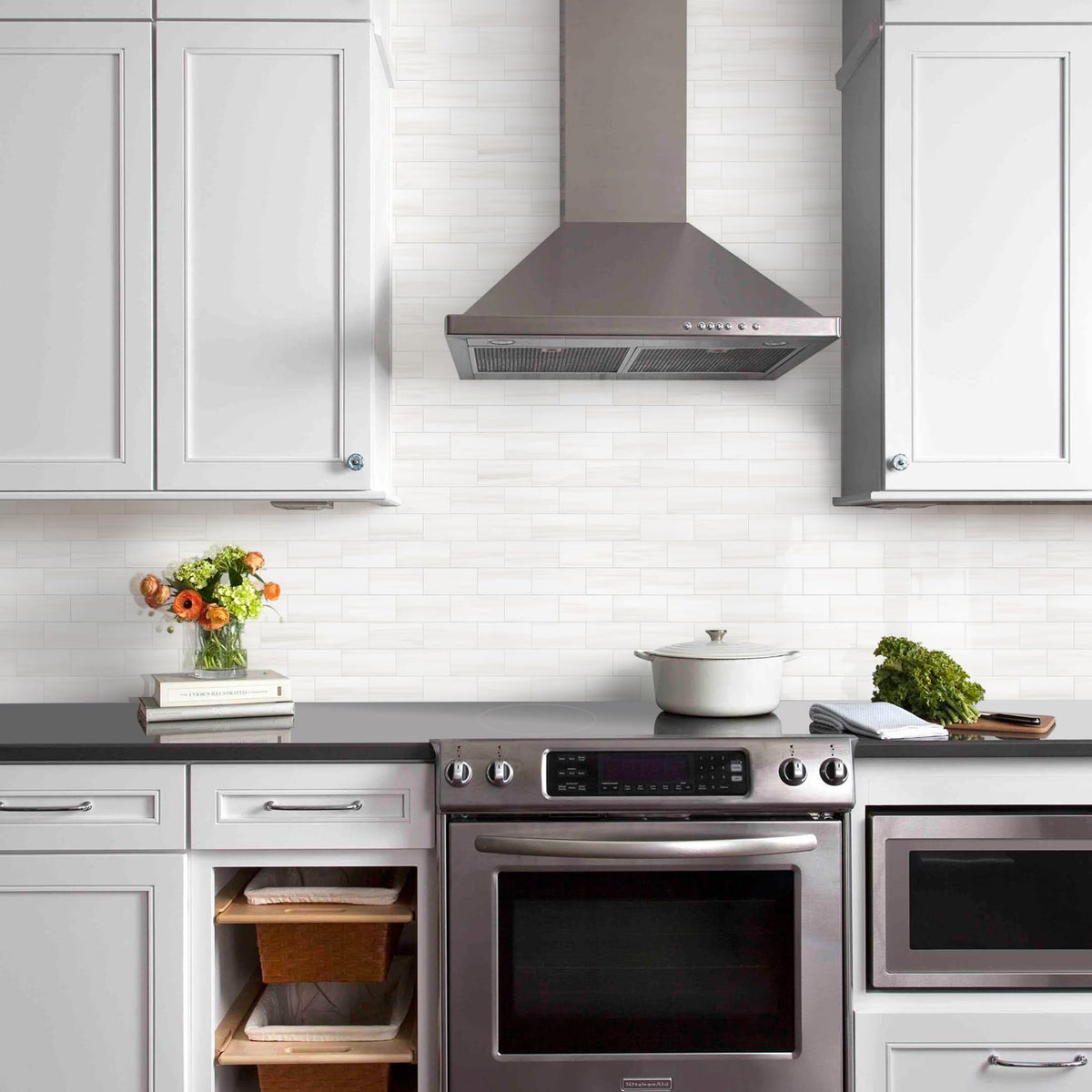 Vamos Tile kitchen installation close-up; seamless, DIY-friendly backsplash.