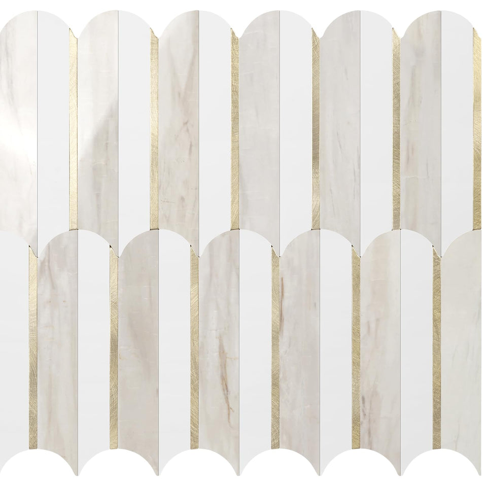 Vamos Tile peel-and-stick backsplash with white glossy marble for a bright kitchen.
