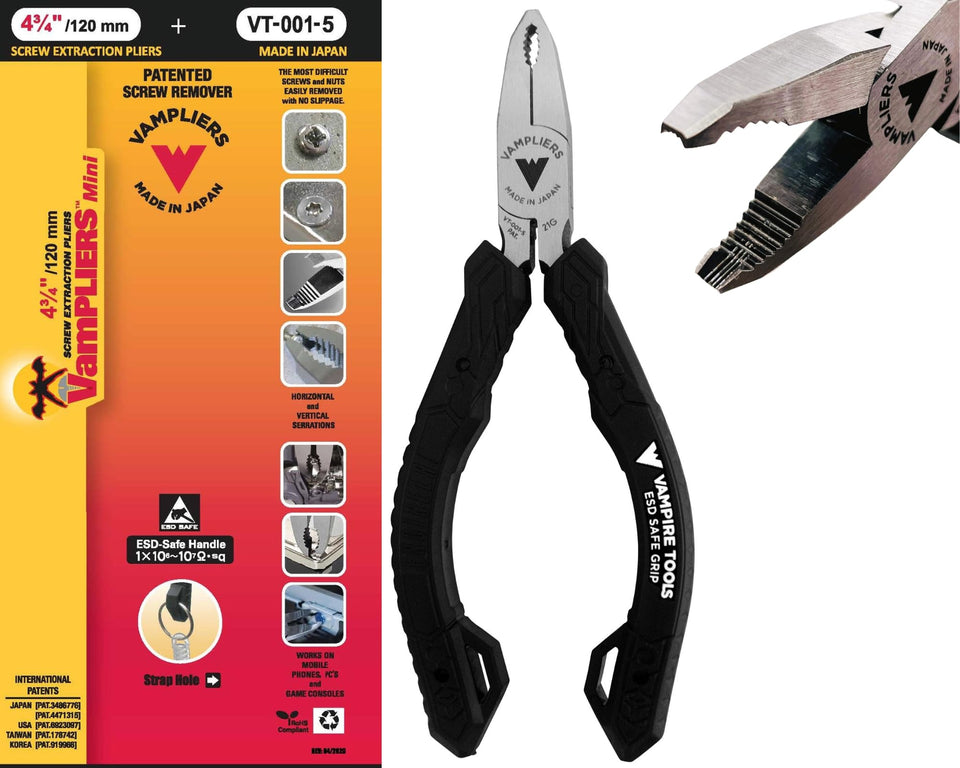 Vampliers 5-inch mini screw remover jaws close-up for precise electronics repair.