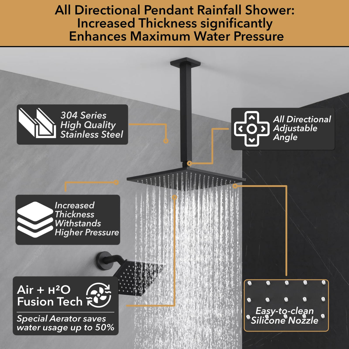 VANFOXLE 10 inch ceiling rainfall head delivering strong water pressure and wide coverage