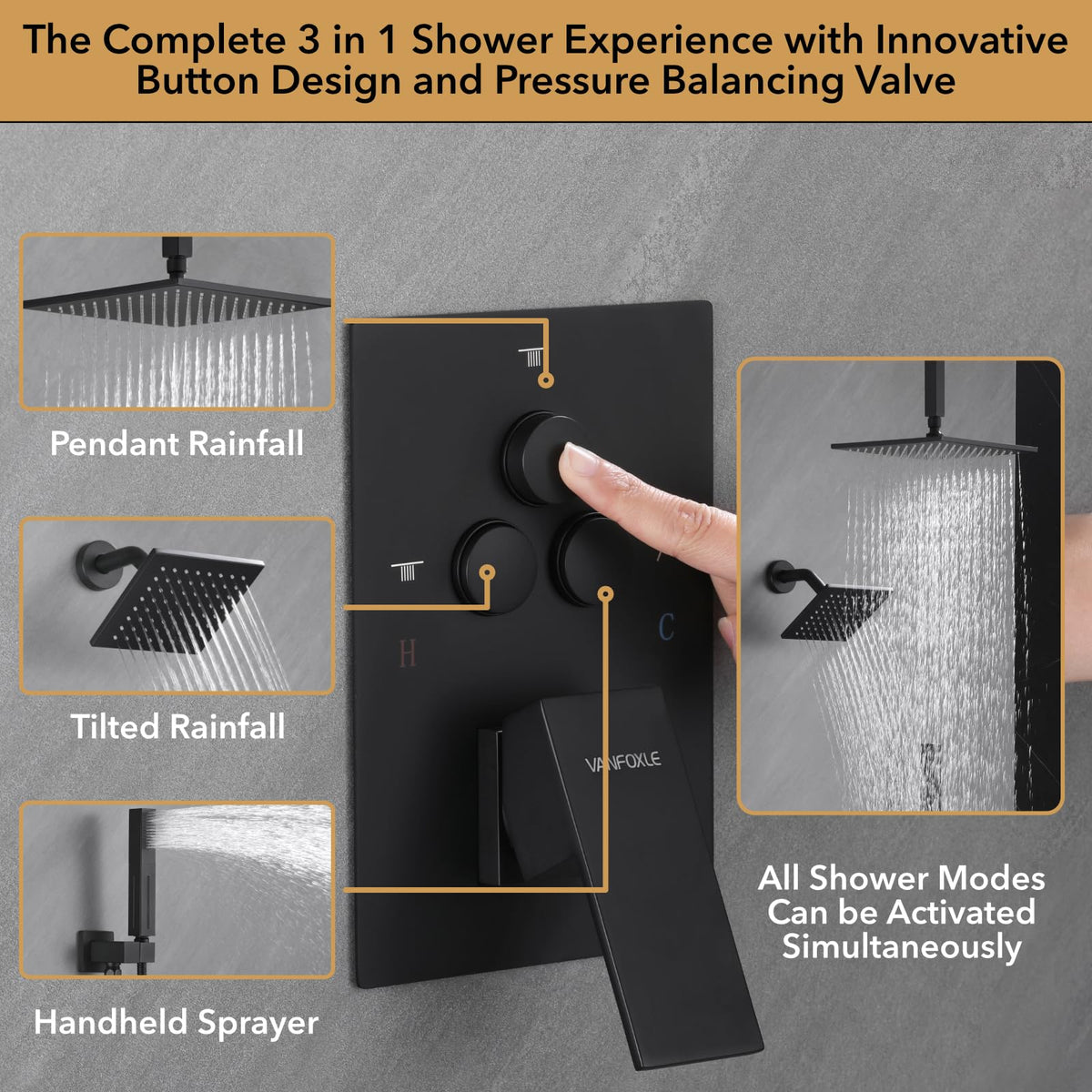 VANFOXLE push button diverter highlighting safe intuitive shower mode selection