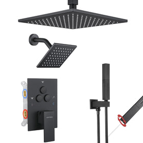 VANFOXLE matte black shower system with push button diverter for seamless mode switching