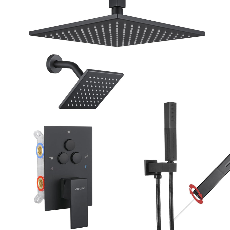 VANFOXLE matte black shower system with push button diverter for seamless mode switching