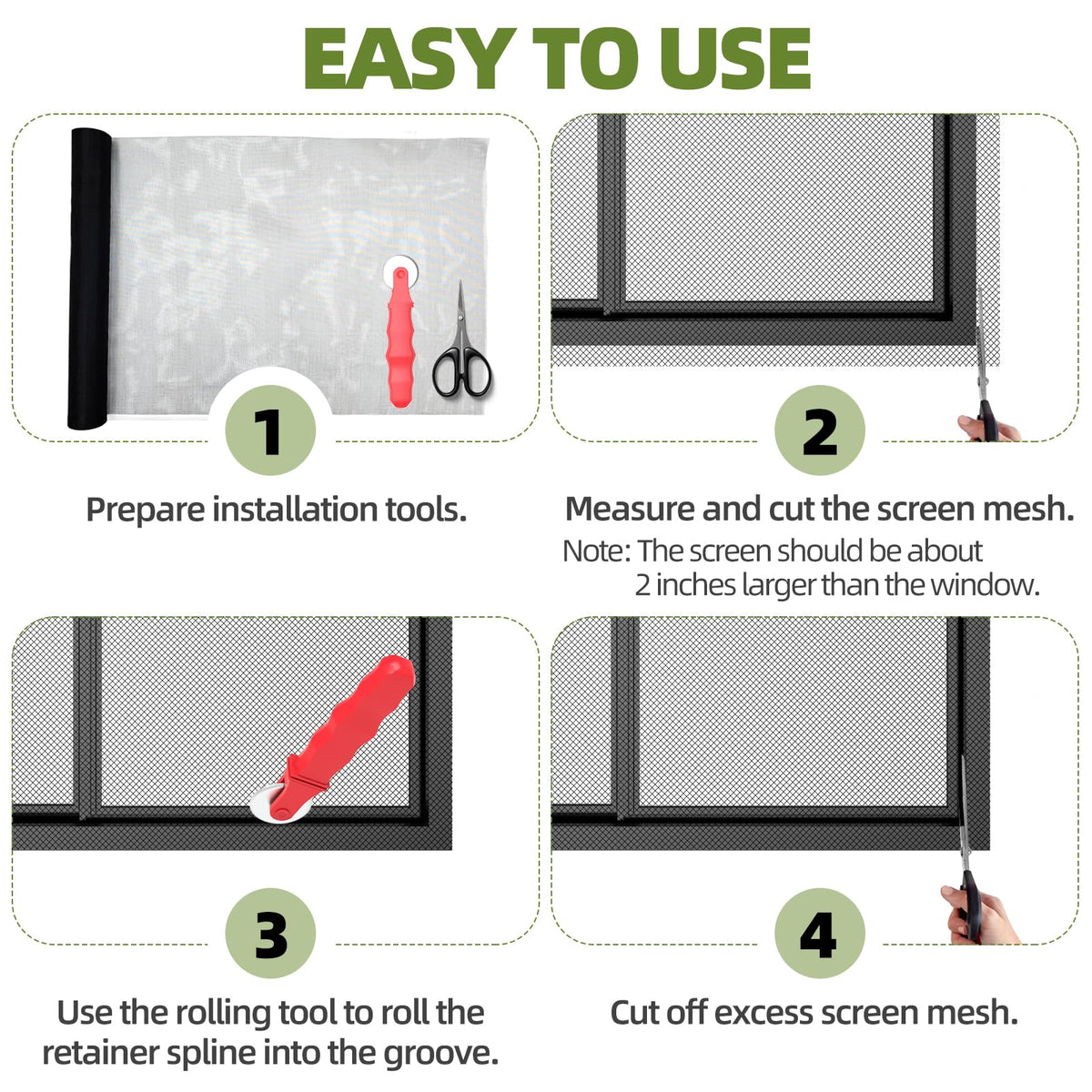 Vaniture easy-cut screen roll showing how to trim to fit openings.