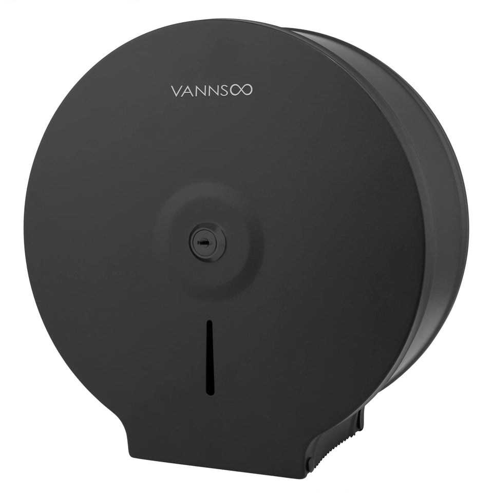 VANNSOO commercial toilet paper dispenser with wall mount and 9-inch roll capacity for busy restrooms.