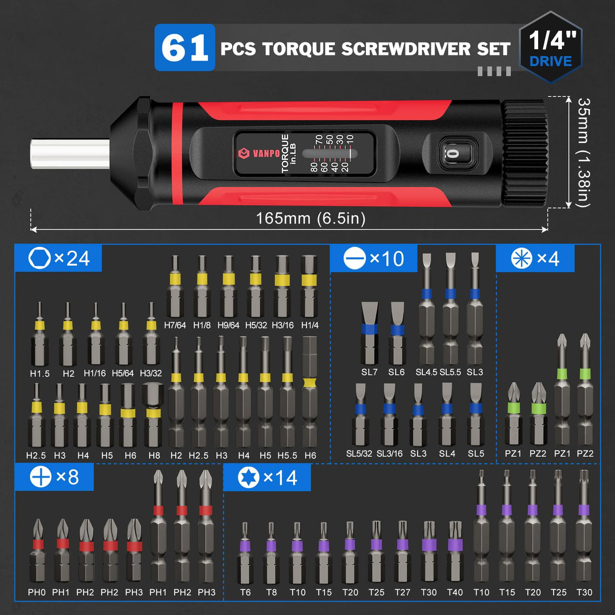 VANPO torque screwdriver 60-bit set enabling versatile repairs.