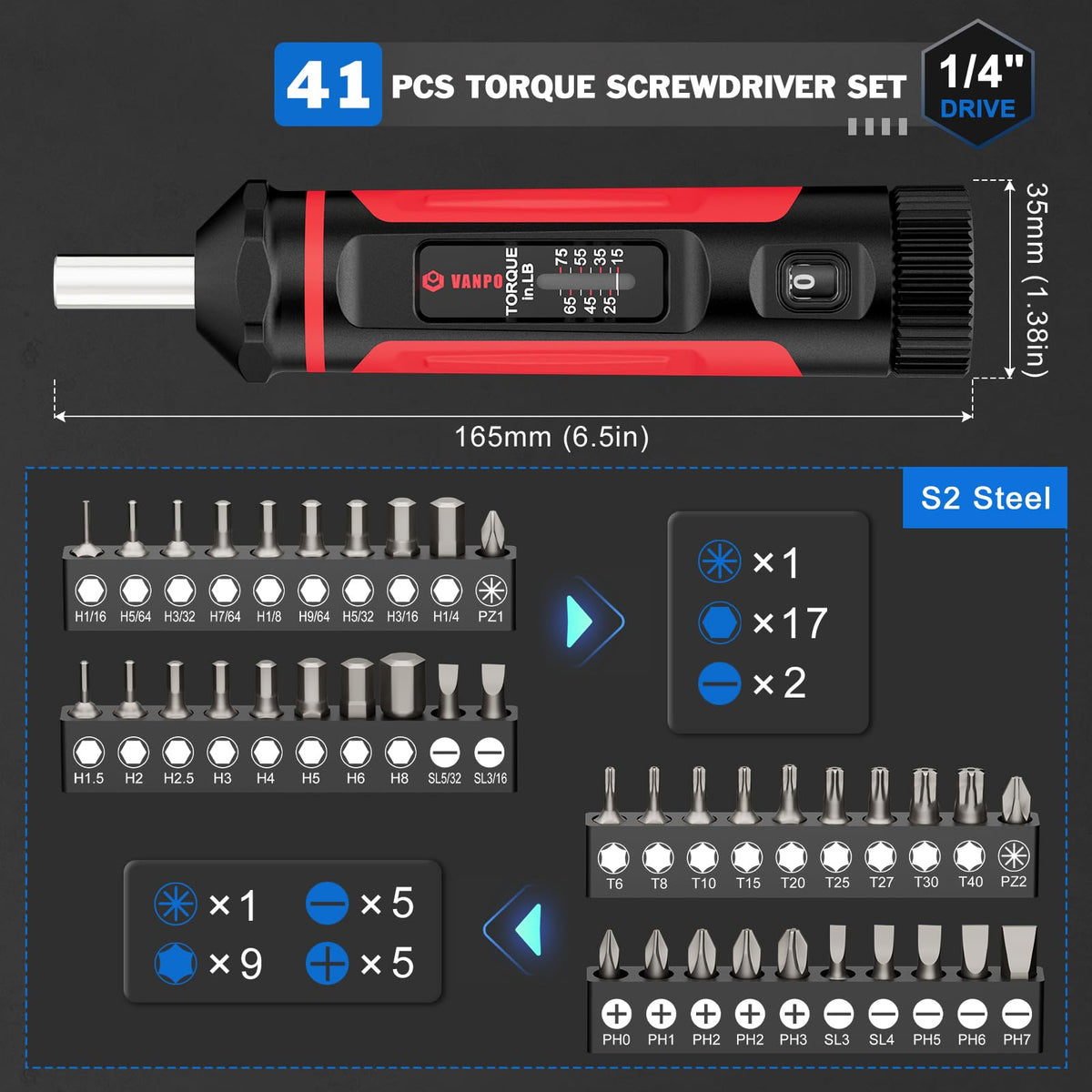 Torque range dial showing 15-75 in-lbs for accurate adjustments