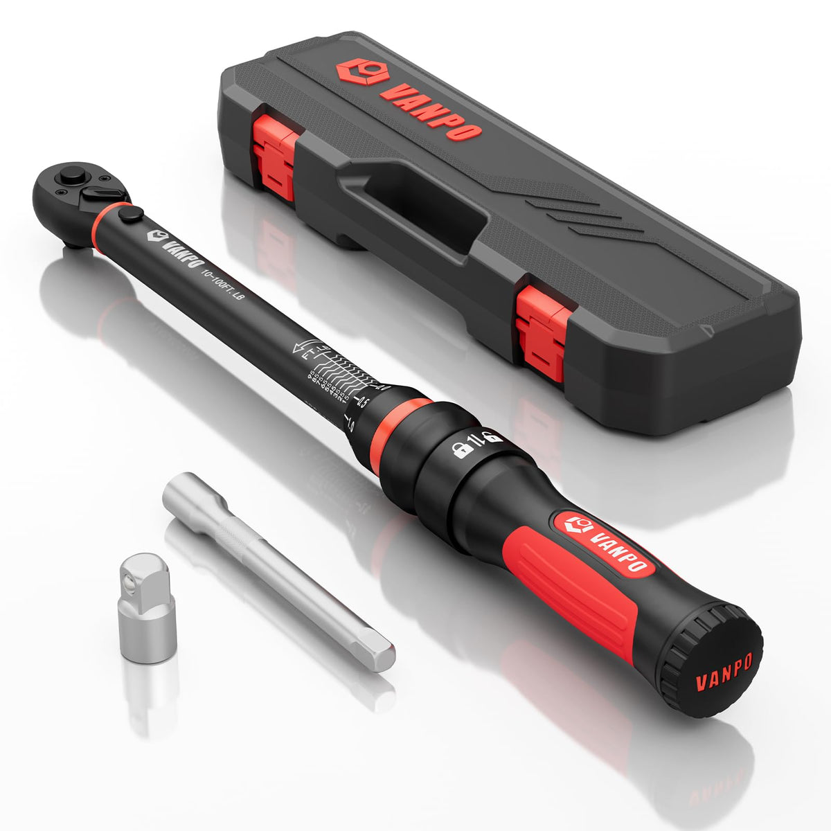 VANPO torque wrench with 3/8-inch drive and case for portable precision tightening.
