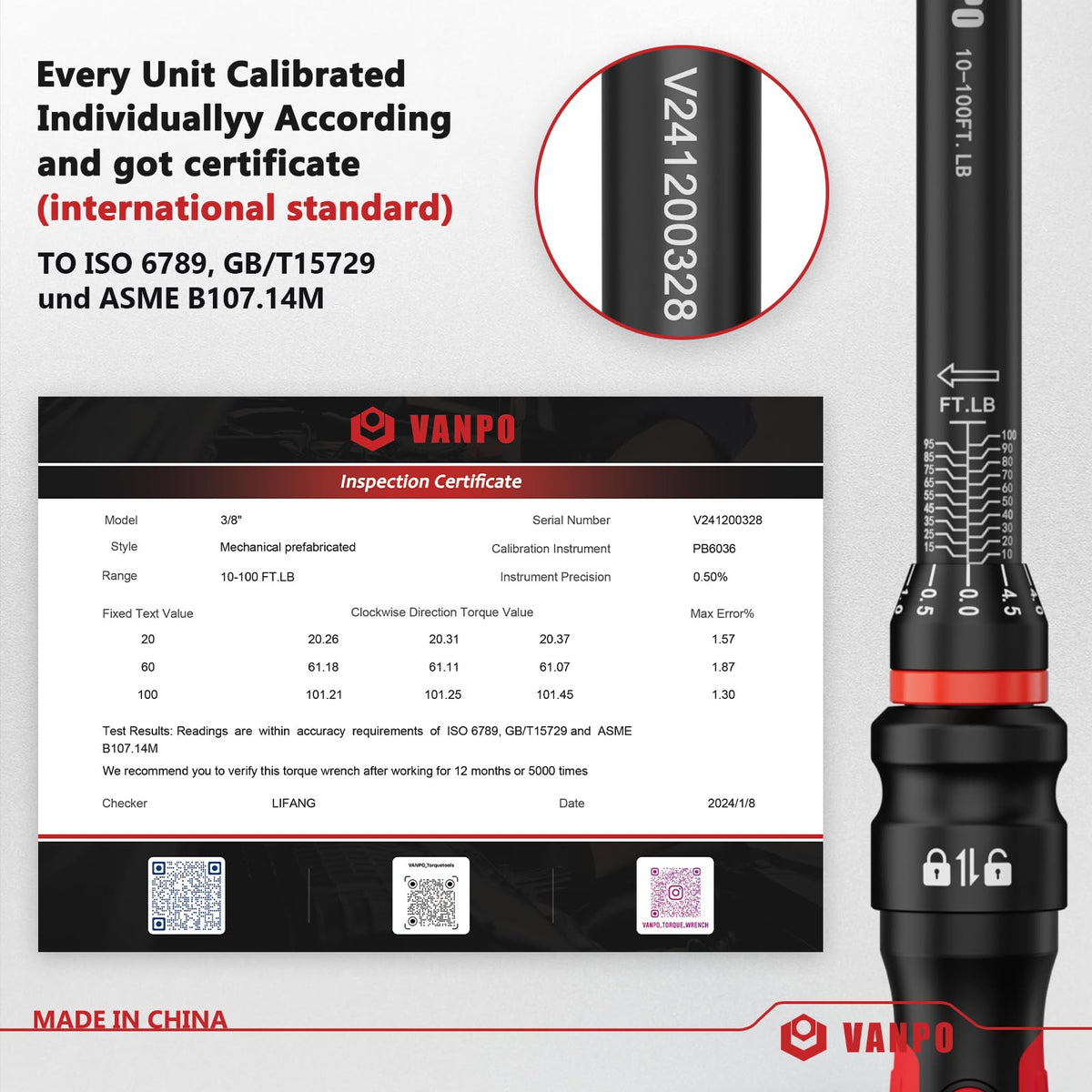 VANPO wrench signals precise torque with a clear click.