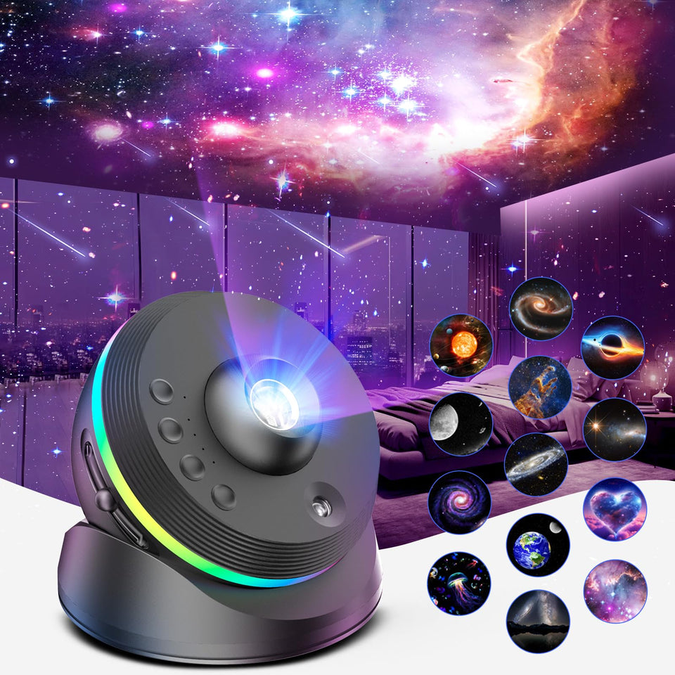 VanSmaGo Meteor Galaxy Projector front view with disc slot for immersive planetary scenes.