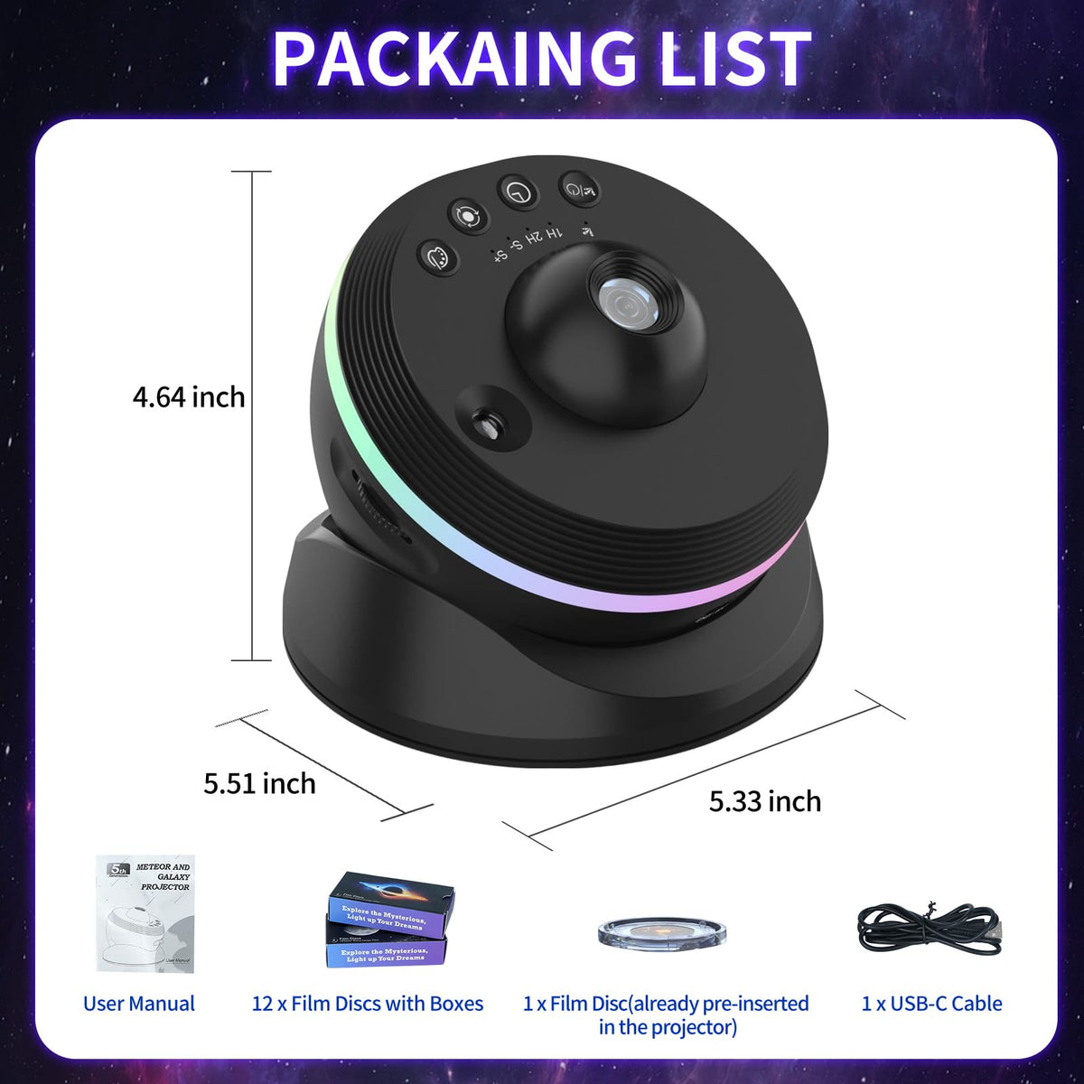 VanSmaGo galaxy light projector package includes discs, cable, and manual for quick setup.