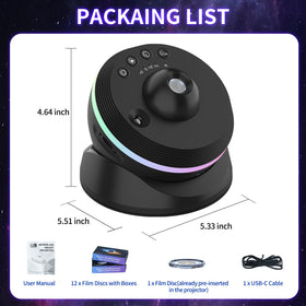 VanSmaGo galaxy light projector package includes discs, cable, and manual for quick setup.