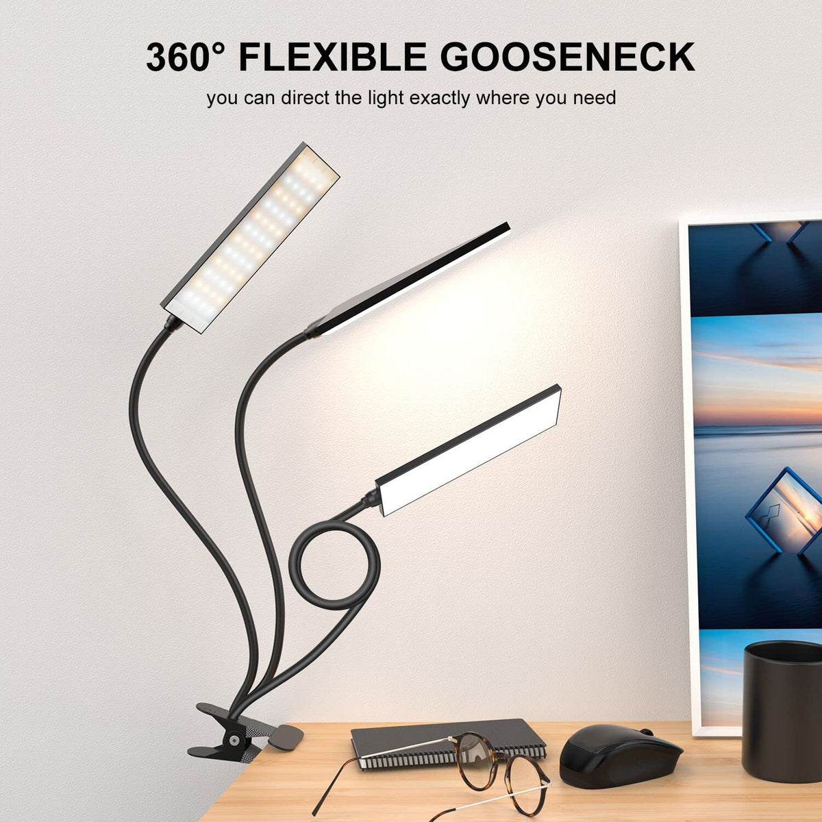 Vansuny adjustable neck desk lamp showing flexible angle for precise task lighting.