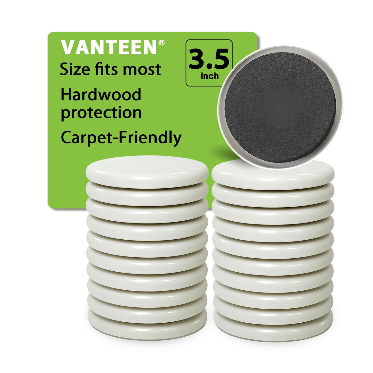 Vanteen furniture sliders on carpet with a 3.5-inch round beige base for easy rearranging.