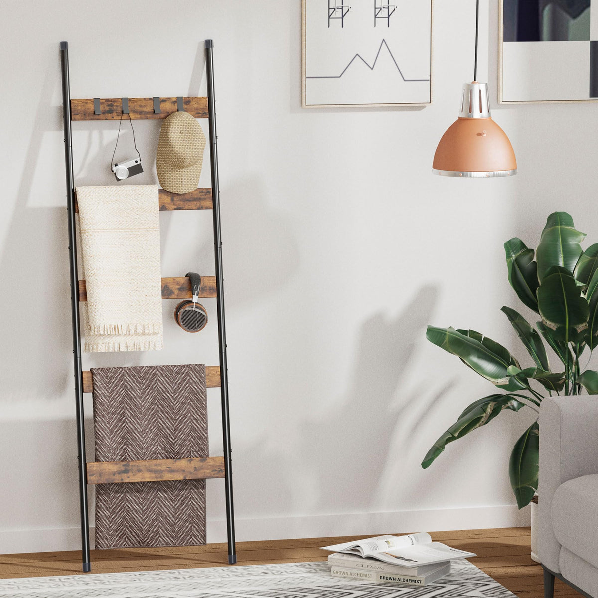 Vantimo ladder with removable hooks for coats and scarves.