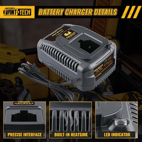 VANTTECH DC9310 compatibility image highlights DeWalt 7.2–18V battery support.