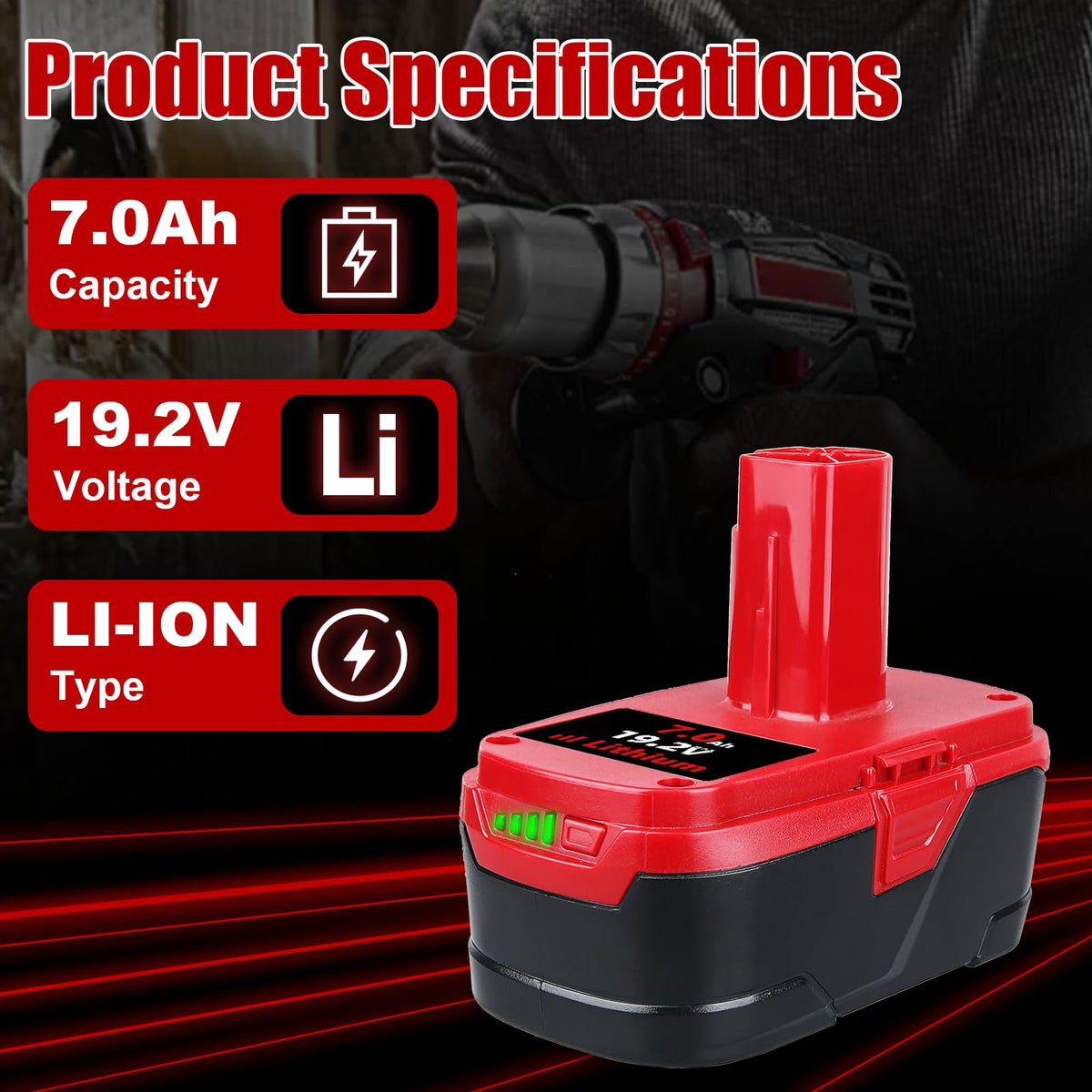 VANTTECH upgraded 7.0Ah DieHard 19.2V battery indicator light displays remaining power