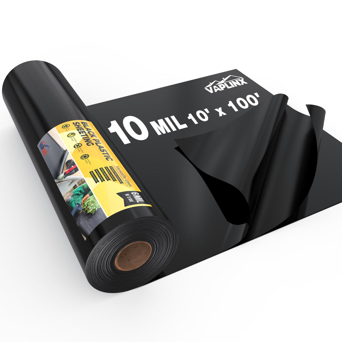 VAPLINX 10 Mil black plastic sheeting roll for durable indoor and outdoor coverage.