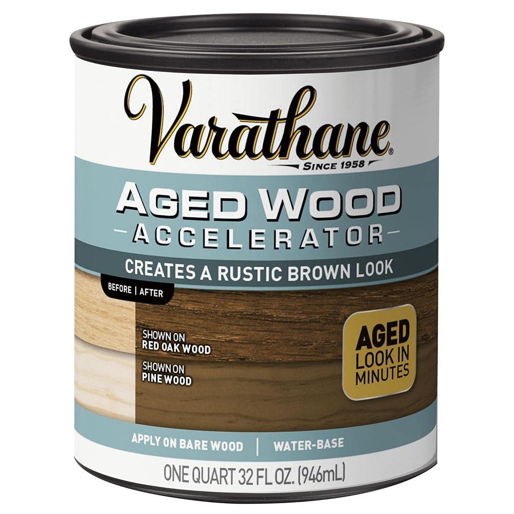 Varathane aged wood accelerator bottle close-up, ready-to-use for interior aging of bare wood