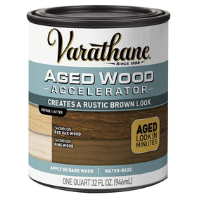 Varathane aged wood accelerator bottle close-up, ready-to-use for interior aging of bare wood