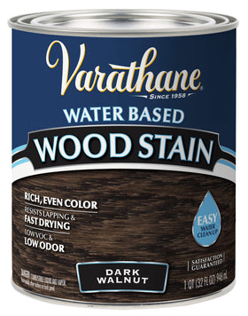 Varathane Dark Walnut bottle label close-up, highlighting easy cleanup and rich color.