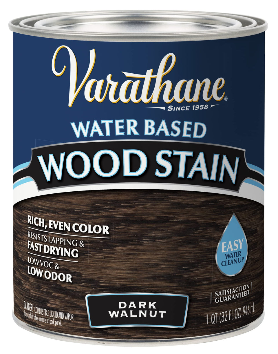 Varathane Dark Walnut bottle label close-up, highlighting easy cleanup and rich color.