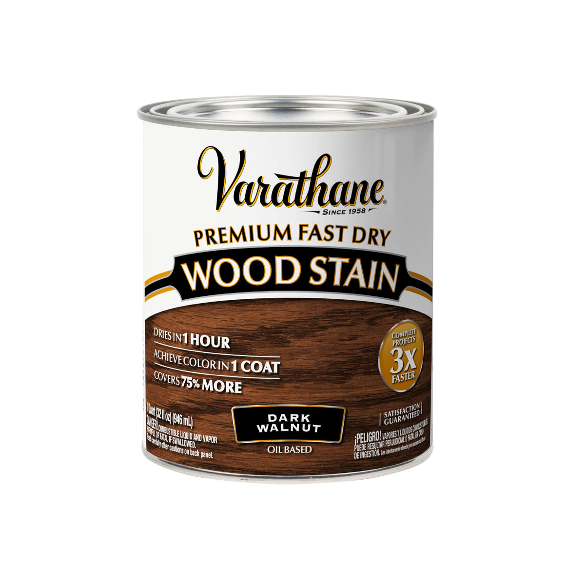 Varathane Dark Walnut fast-dry stain bottle showing rich color.