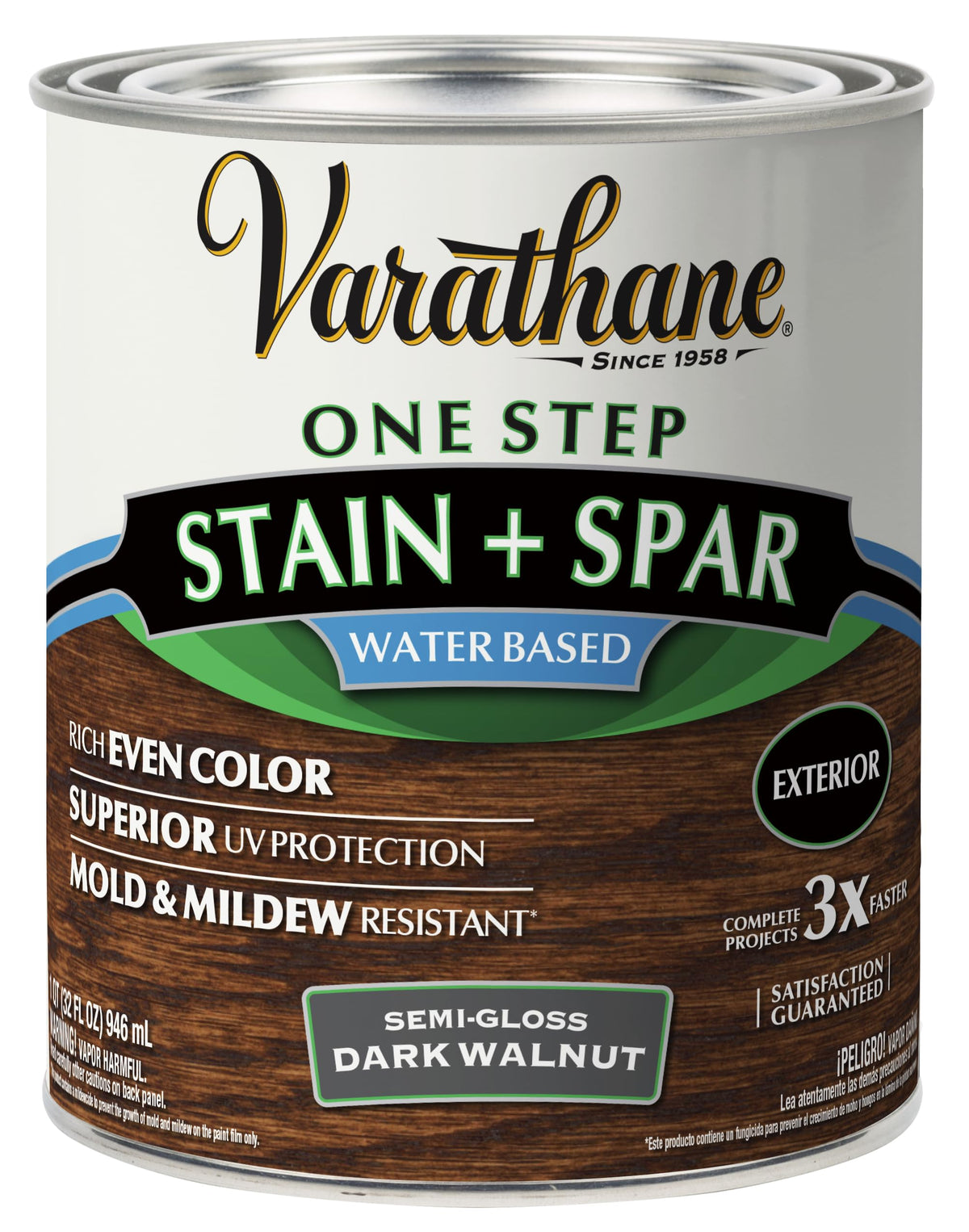 Varathane Dark Walnut Spar Urethane bottle for outdoor wood protection with a color-rich semi-gloss finish
