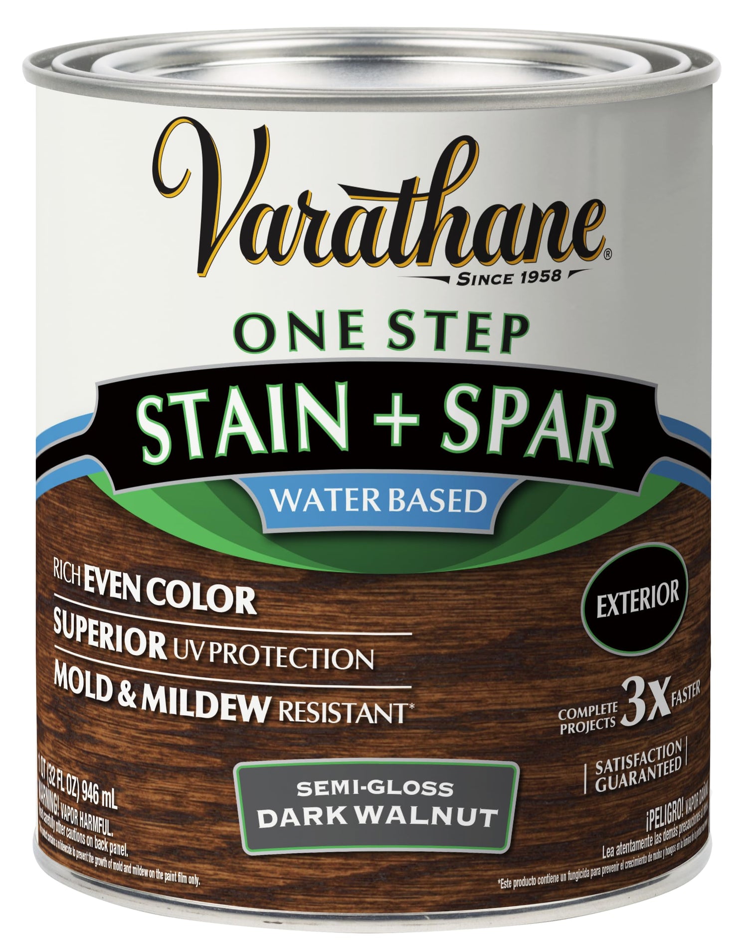 Varathane Dark Walnut Spar Urethane bottle for outdoor wood protection with a color-rich semi-gloss finish