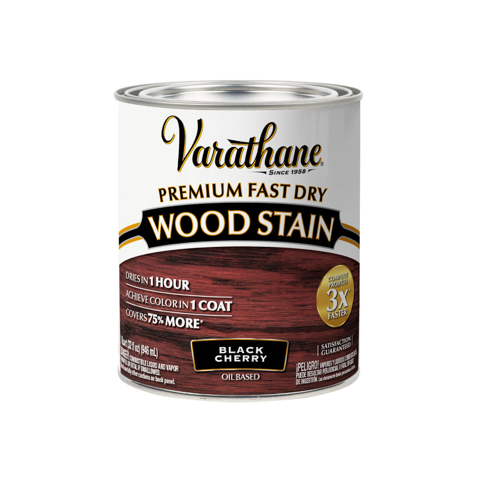 Varathane Premium Fast Dry stain bottle close-up highlights rich color from nano pigments.