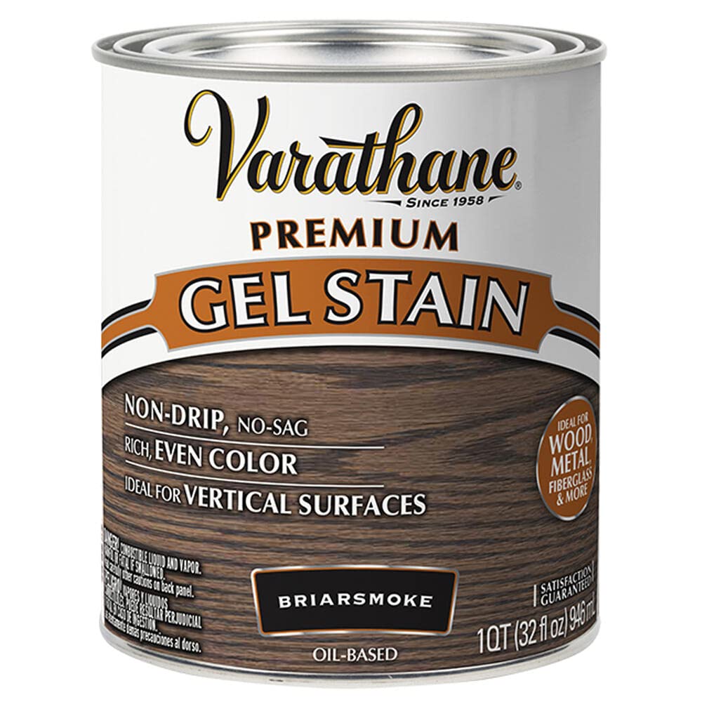 Varathane Briarsmoke gel stain bottle pour for mess-free application.