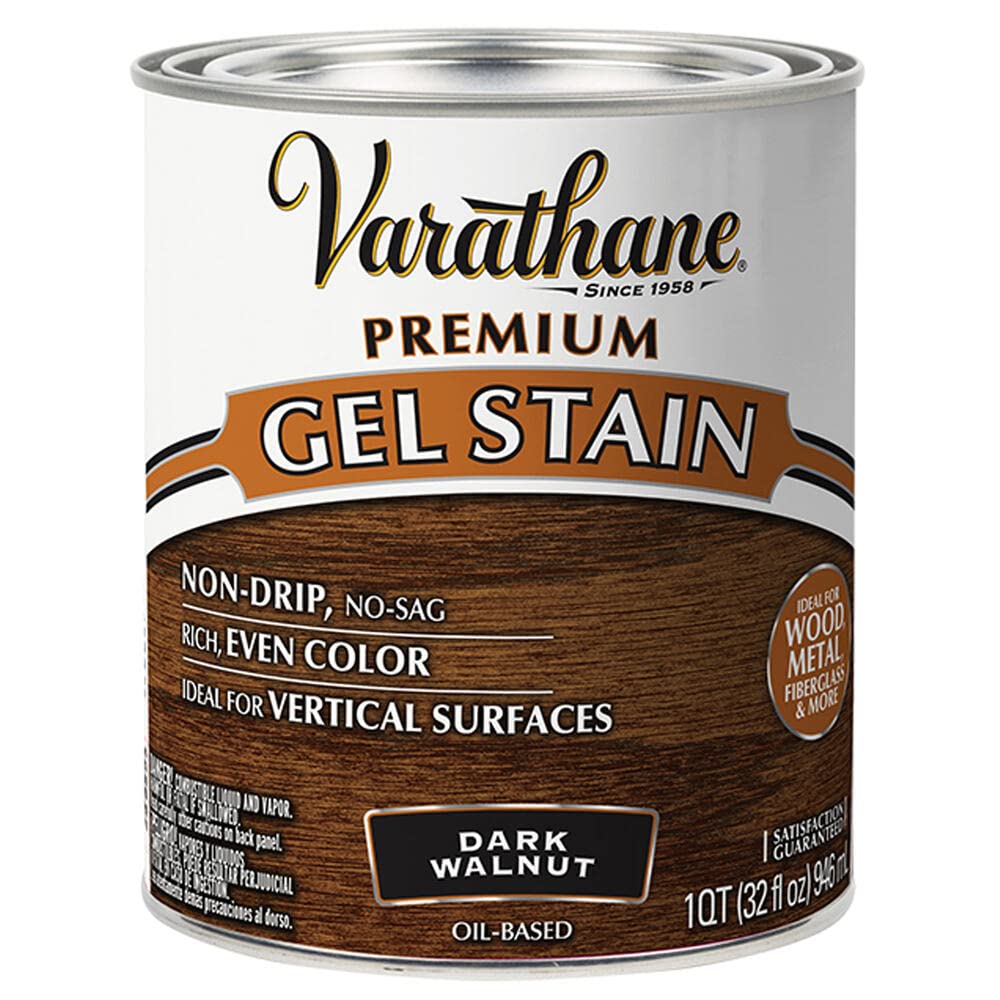 Varathane Premium Gel Stain on vertical surfaces shows rich Dark Walnut depth.