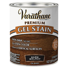 Varathane Premium Gel Stain on vertical surfaces shows rich Dark Walnut depth.