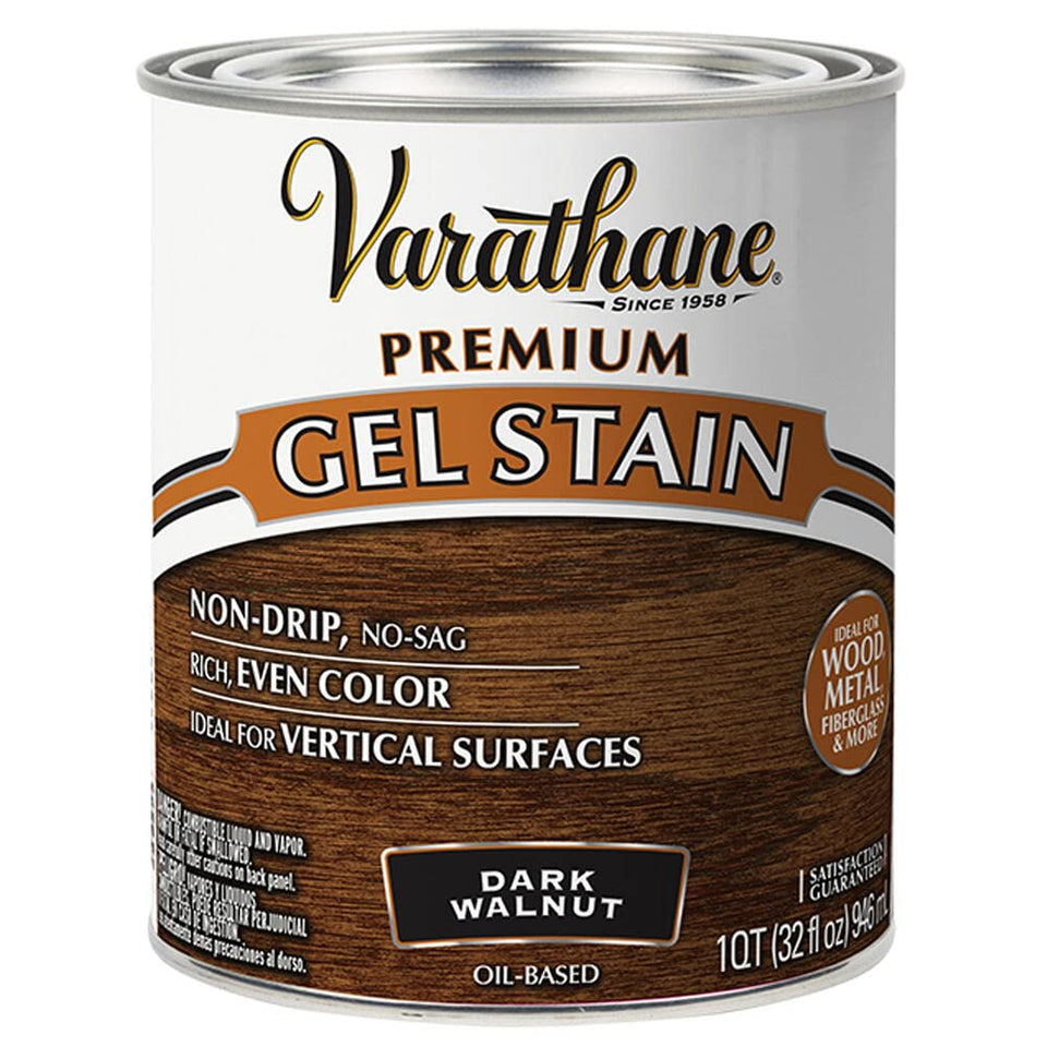 Varathane Premium Gel Stain on vertical surfaces shows rich Dark Walnut depth.