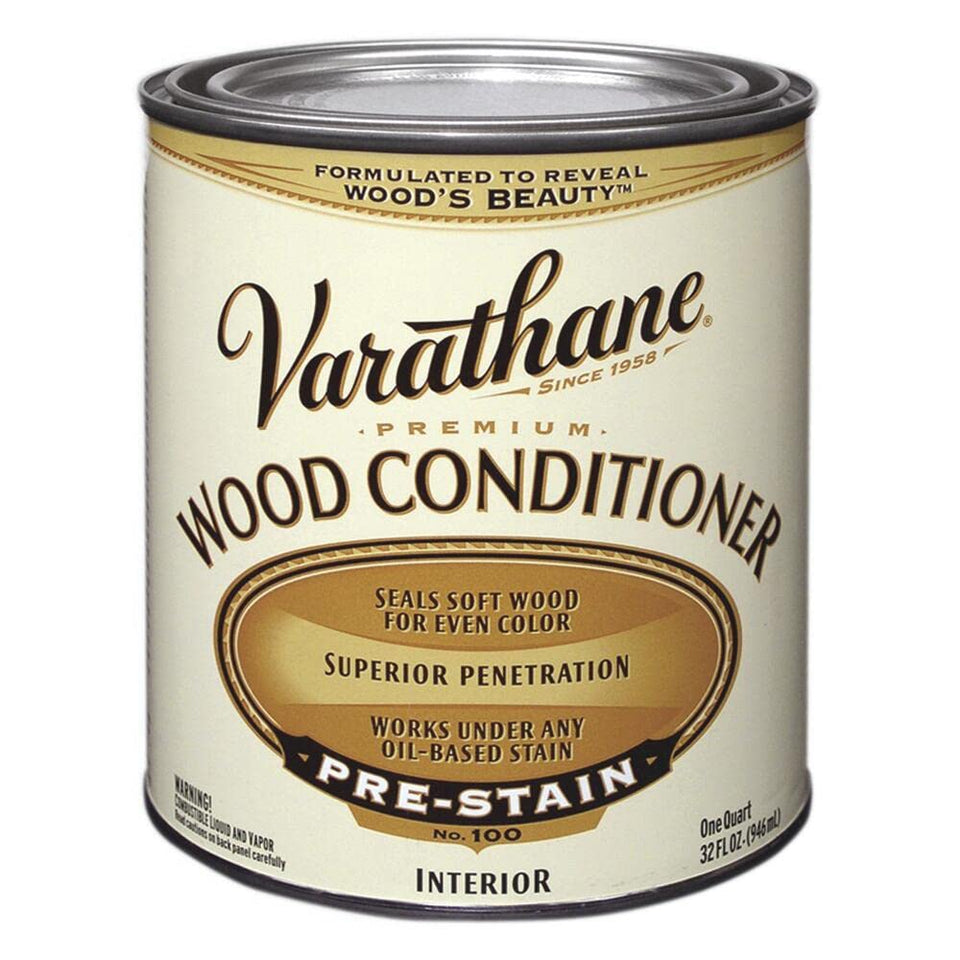 Varathane Premium Wood Conditioner bottle ready for even staining on wood