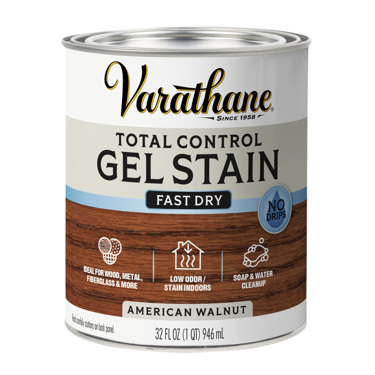 Varathane Total Control Gel Stain bottle shows rich color and low odor for indoor projects.