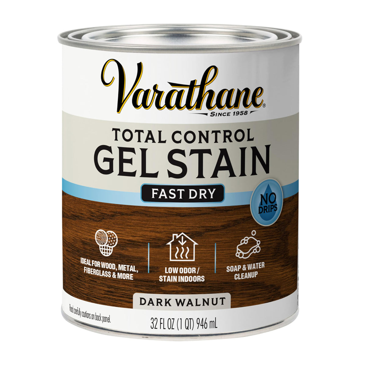 Varathane Total Control Gel Stain dark walnut bottle highlighting low odor formula