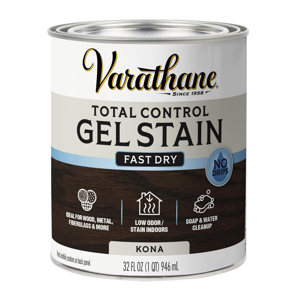 Varathane Total Control Gel Stain thick no-drip formula for smooth vertical coverage.