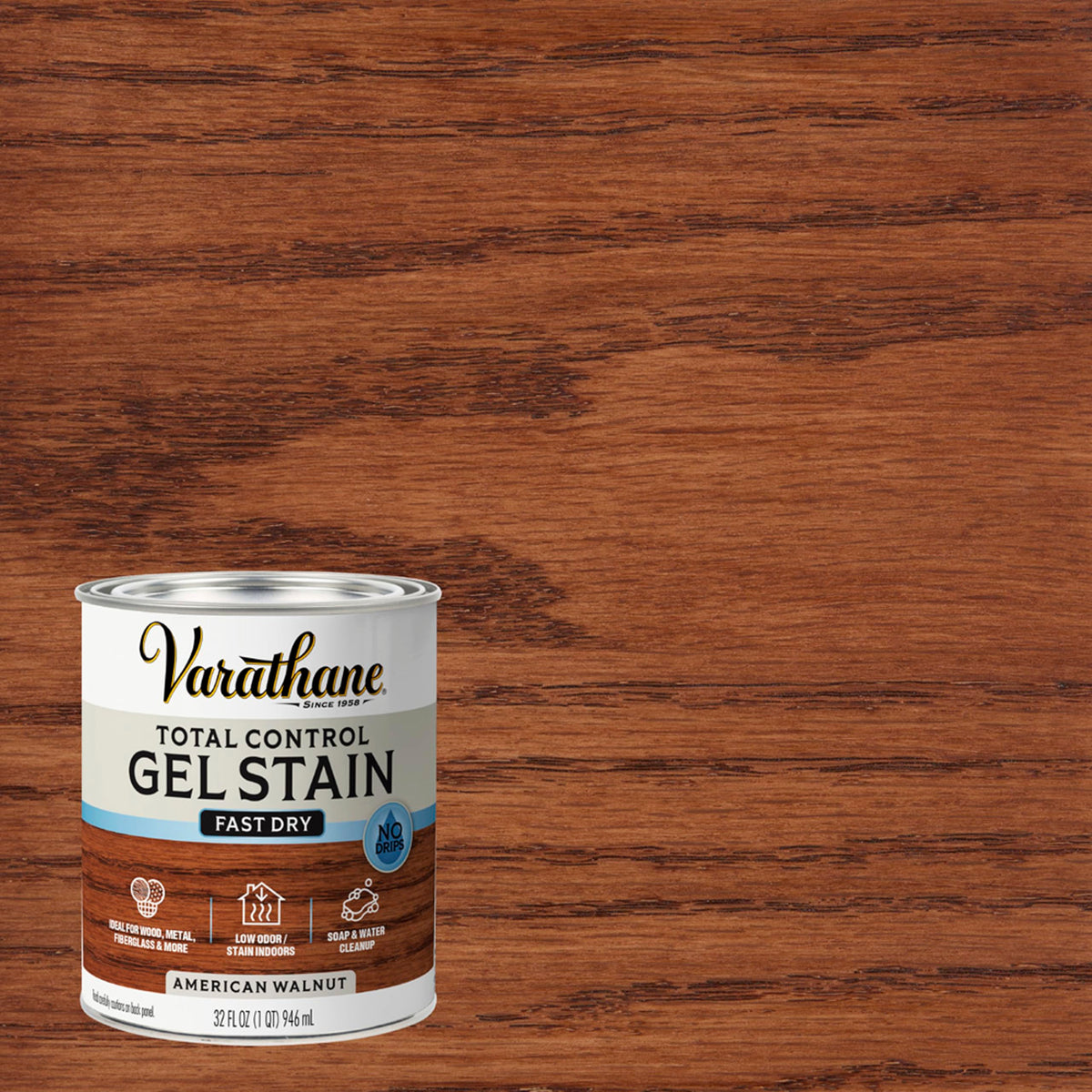 Varathane Total Control Gel Stain applied on wood with a smooth brush stroke.