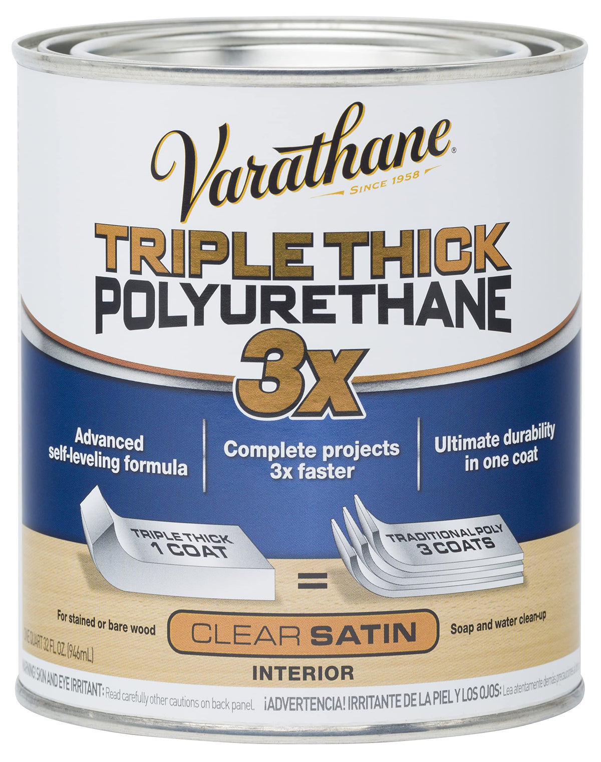 Varathane Triple Thick polyurethane bottle demonstrates durable wood protection.
