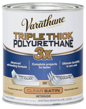 Varathane Triple Thick polyurethane bottle demonstrates durable wood protection.