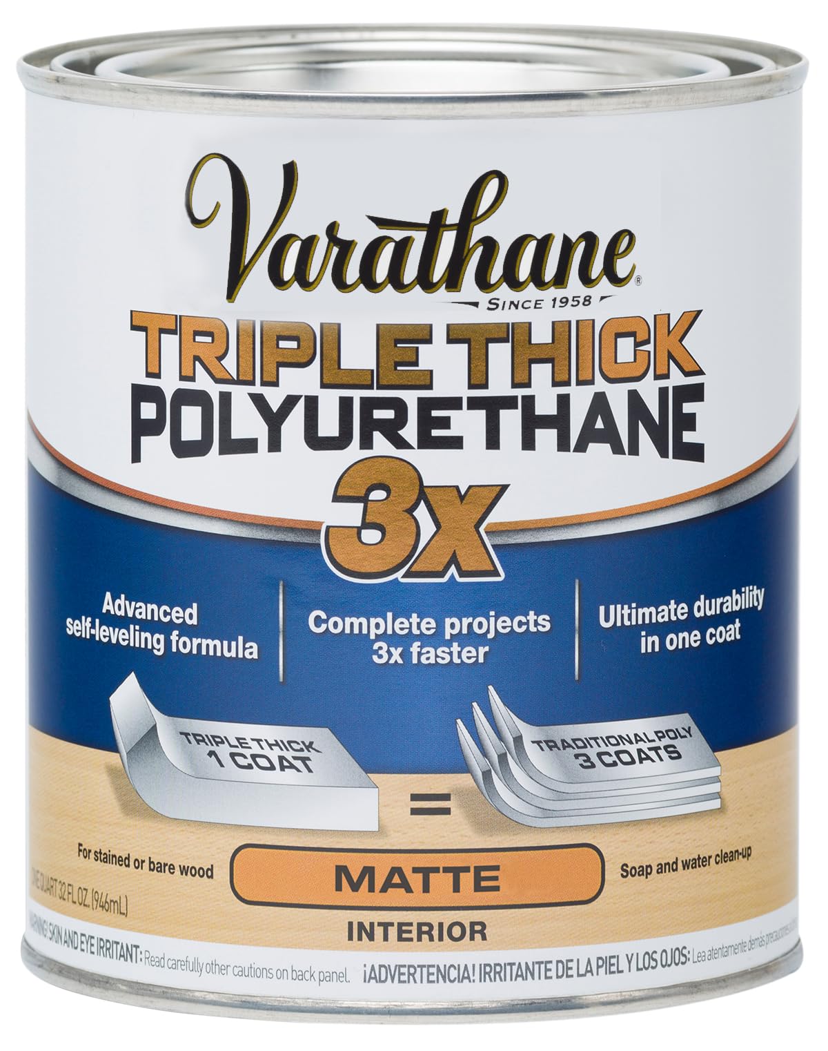 Varathane Triple Thick polyurethane clear quart bottle label highlighting durability